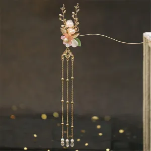 Women's Antique Hairpin Step Rocking Buckle Flower Beads Tassel Hairpin 04