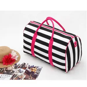 Women's Black-White Striped Canvas Travel Handbags