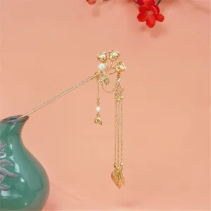 Women's Pearl Hair Buckle Flower Design Silver Stepping Hair Stick With Fringe dress gold