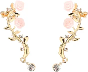 Women's Style Style Earrings Vintage Women Rose Flower Branch Rhinestone Climber Crawler Earrings Ear Jewelry Flower Stud Earrings for Women (Gold, One Size)