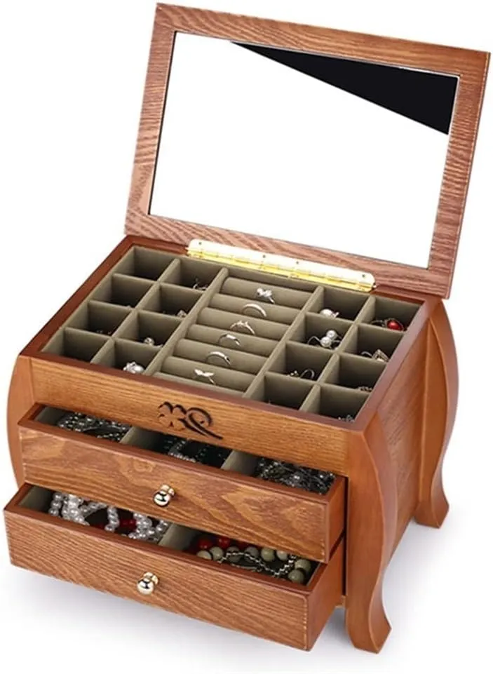 Wooden Jewelry Box for Women, Jewelry Organizer Box, Travel Jewelry Box, Portable Jewelry Case with Mirror for Necklaces, Earring, Rings