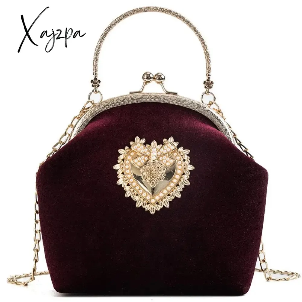 Xajzpa - Women&#39;s Retro Fashion Velvet Texture One Shoulder Messenger Bag Exquisite Love Buckle Chain Handbag 2023 Autumn Winter New Bags