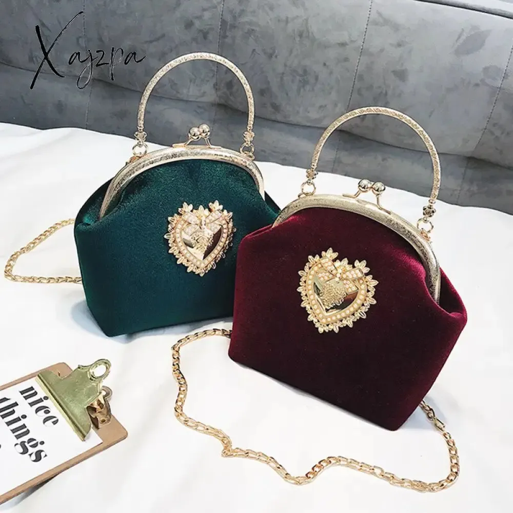 Xajzpa - Women&#39;s Retro Fashion Velvet Texture One Shoulder Messenger Bag Exquisite Love Buckle Chain Handbag 2023 Autumn Winter New Bags