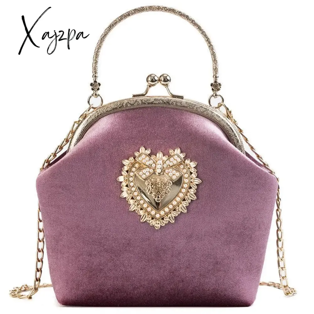 Xajzpa - Women&#39;s Retro Fashion Velvet Texture One Shoulder Messenger Bag Exquisite Love Buckle Chain Handbag 2023 Autumn Winter New Bags