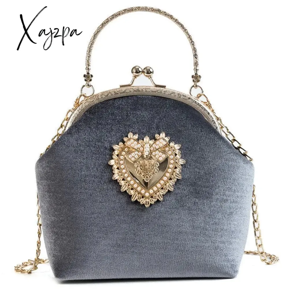 Xajzpa - Women&#39;s Retro Fashion Velvet Texture One Shoulder Messenger Bag Exquisite Love Buckle Chain Handbag 2023 Autumn Winter New Bags