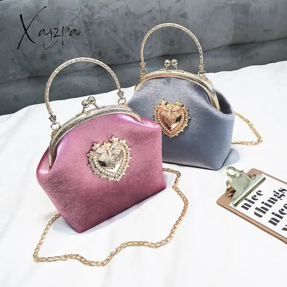 Xajzpa - Women&#39;s Retro Fashion Velvet Texture One Shoulder Messenger Bag Exquisite Love Buckle Chain Handbag 2023 Autumn Winter New Bags