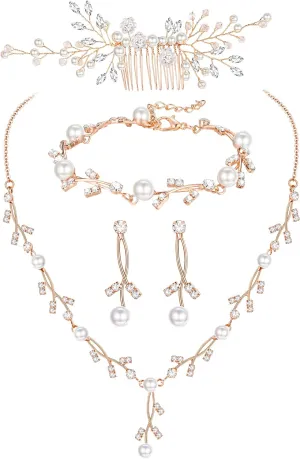 YADOCA Pearl Prom Jewelry Set For Women Pearl Rhinestone Crystal Drop Necklace Earring Bracelet Hair Pins Prom Bride Bridesmaid Wedding Bridal Jewelry Accessories Silver Gold Rose Gold