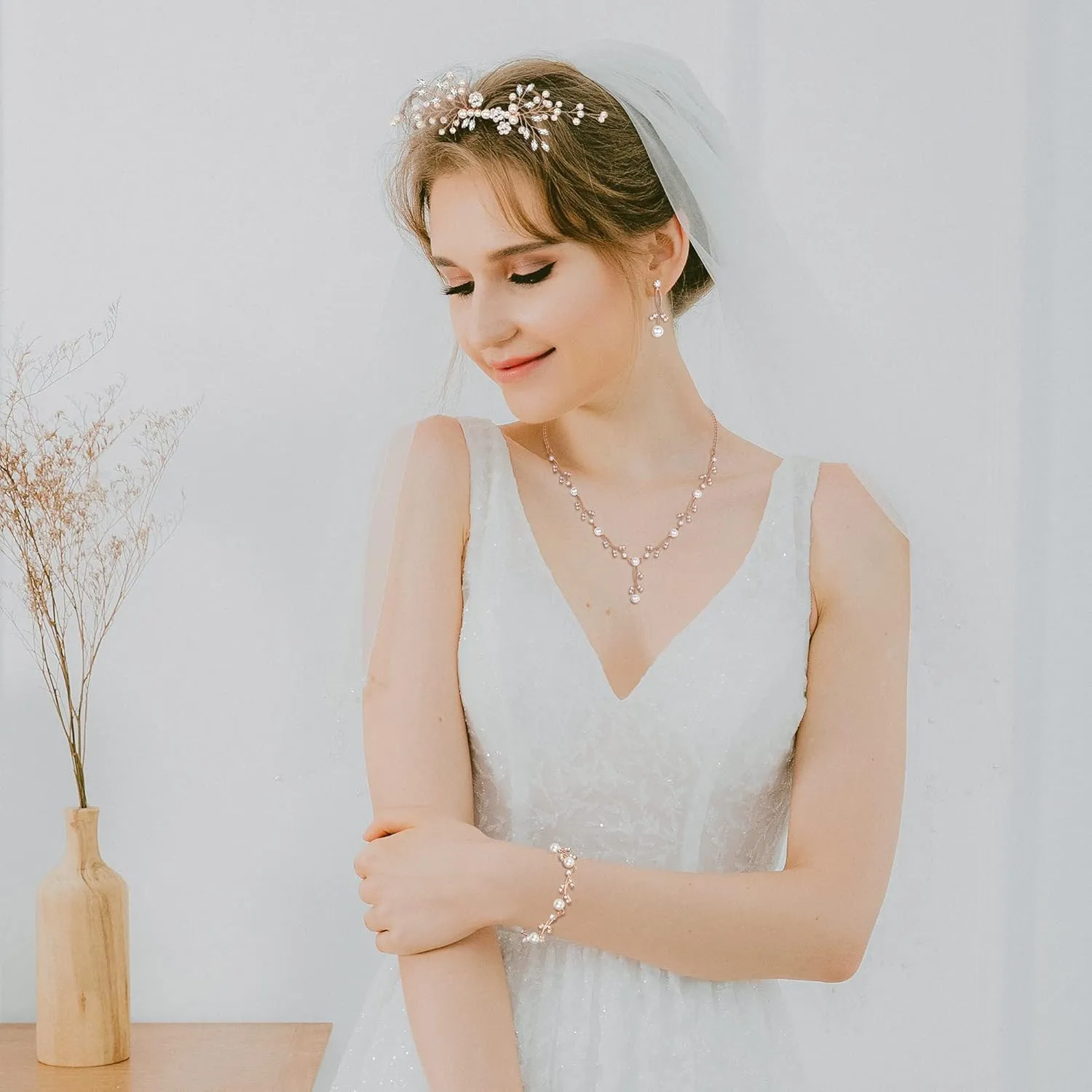 YADOCA Pearl Prom Jewelry Set For Women Pearl Rhinestone Crystal Drop Necklace Earring Bracelet Hair Pins Prom Bride Bridesmaid Wedding Bridal Jewelry Accessories Silver Gold Rose Gold