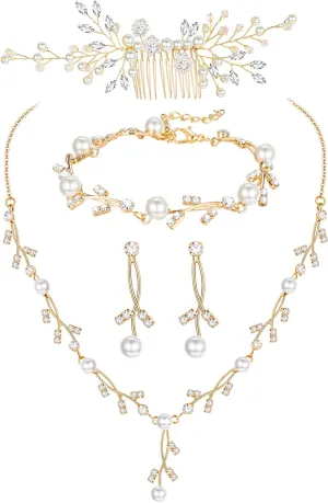 YADOCA Pearl Prom Jewelry Set For Women Pearl Rhinestone Crystal Drop Necklace Earring Bracelet Hair Pins Prom Bride Bridesmaid Wedding Bridal Jewelry Accessories Silver Gold Rose Gold