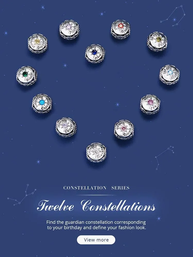 Zodiac Sign Charm fit Charms Bracelet, 925 Sterling Silver Star Bead Charm 12 Horoscope Constellation Charm fit Pandora Bracelet, Birthday for Women Jewelry Gift
